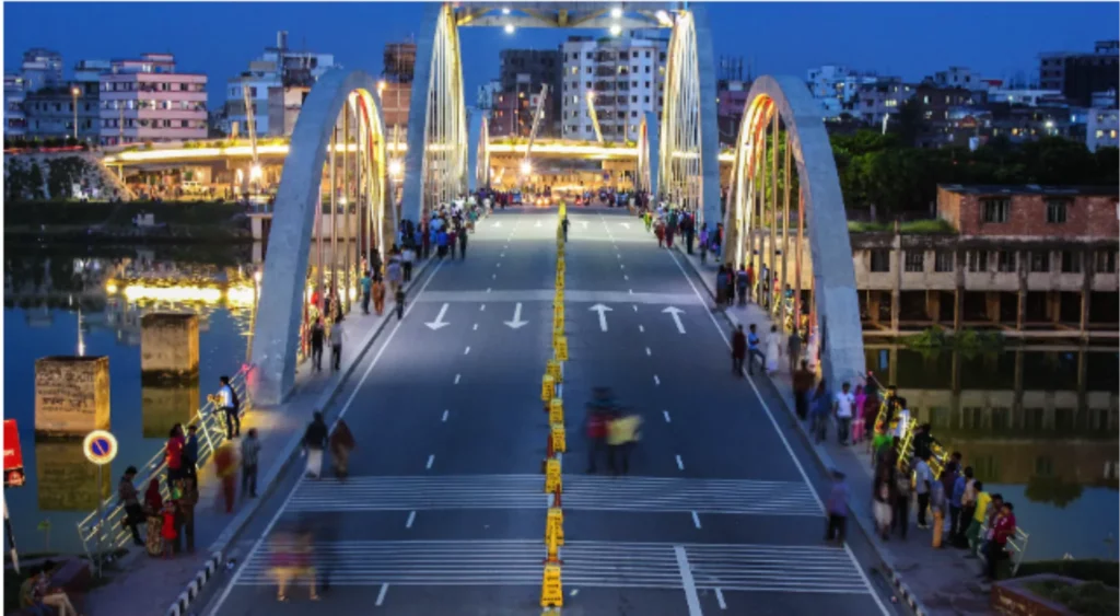 photo of a bridge with lights at night